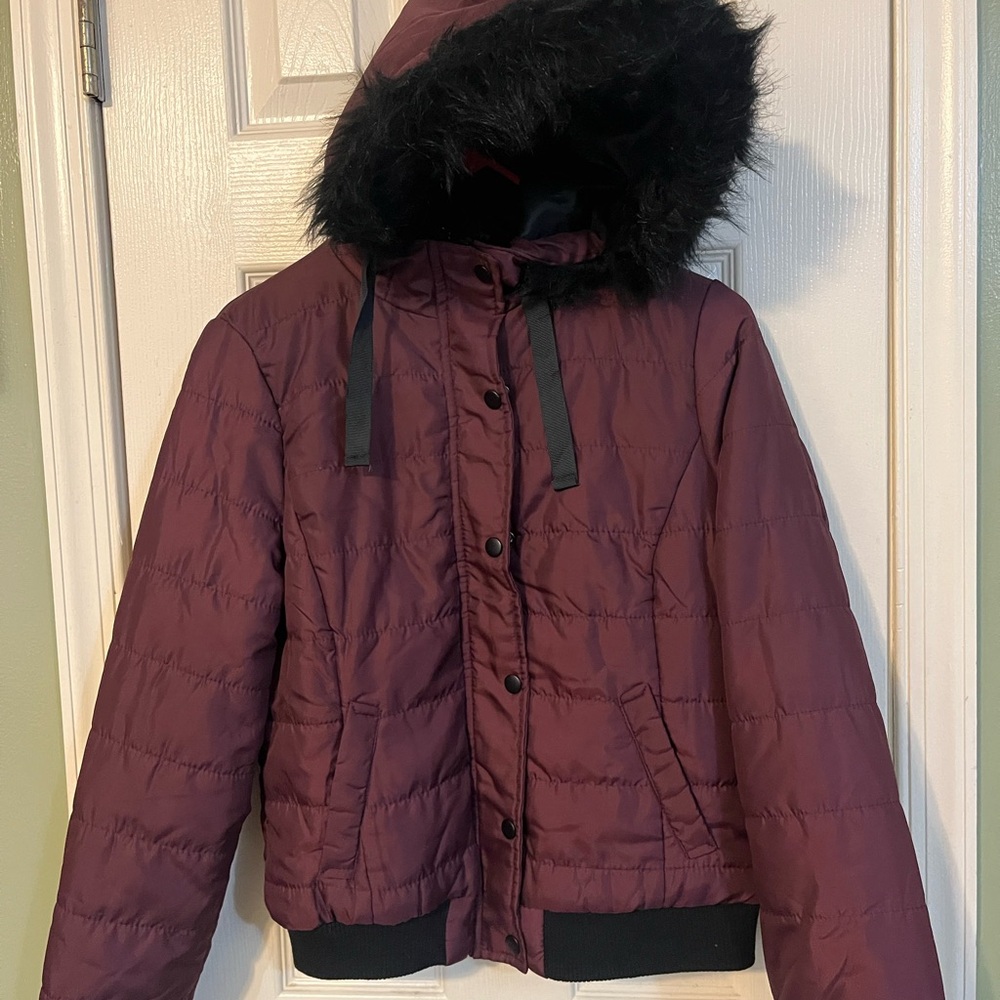 Kohl's Maroon Puffer Jacket with Black Faux Fur Hood